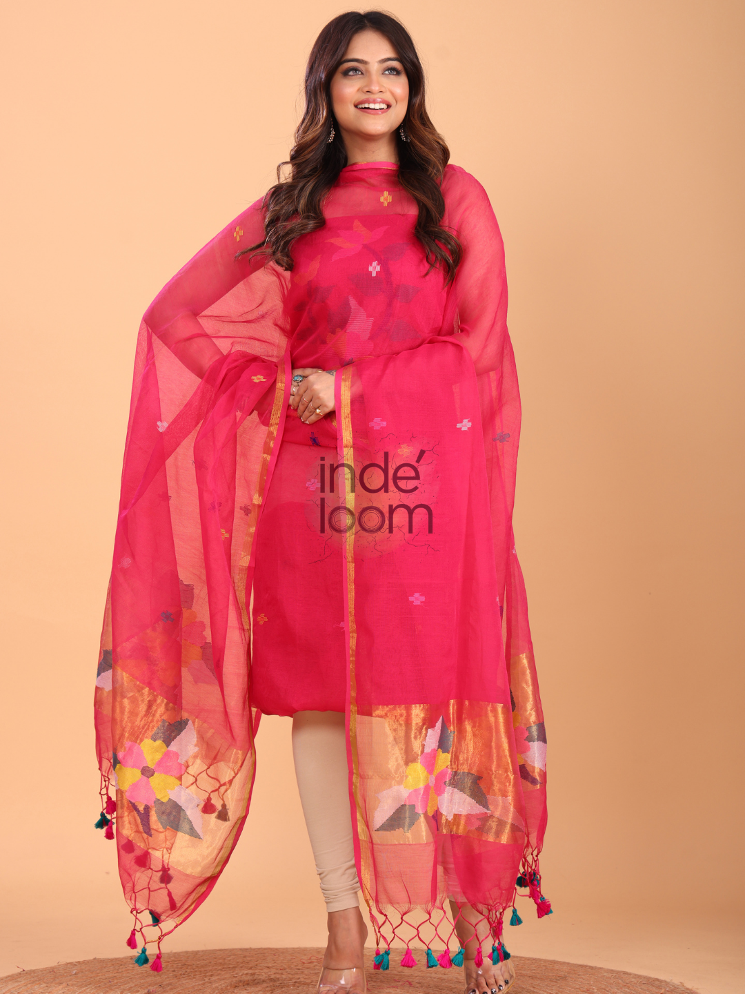 Deep Pink Silk Jamdani 2-Piece Set Kurti & Dupatta (UNSTITCHED) - 067
