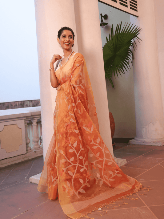 Coral Orange Hand Made Jamdani Saree-094 - indeloom