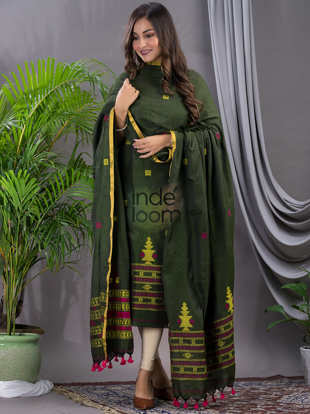 Forest Green Cotton Jamdani 2-Piece Set Kurti & Dupatta (UNSTITCHED) - 116
