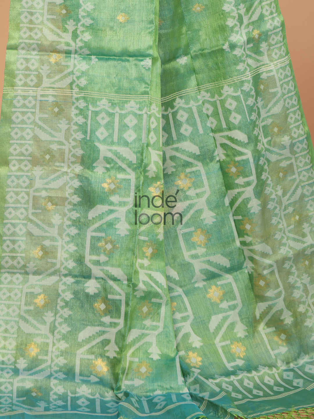 Tissue Silk Jamdani Saree With Shaded Teal Green - 122