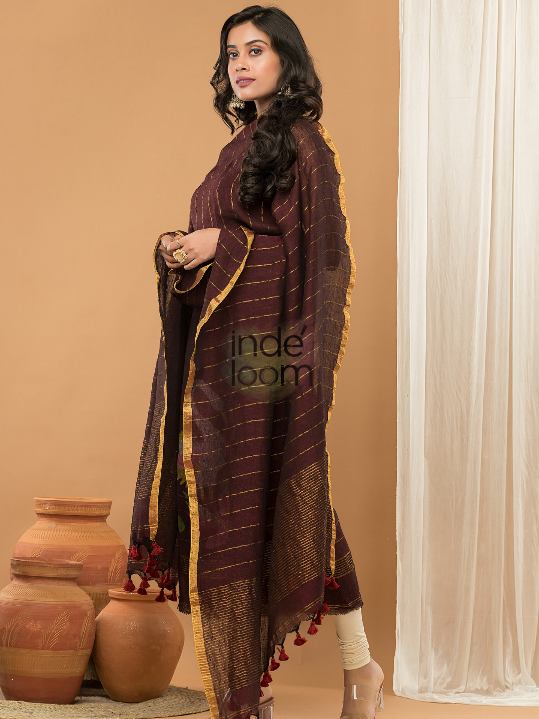 Linen Jamdani Unstitched 2-Piece Kurti  |  Wine Red