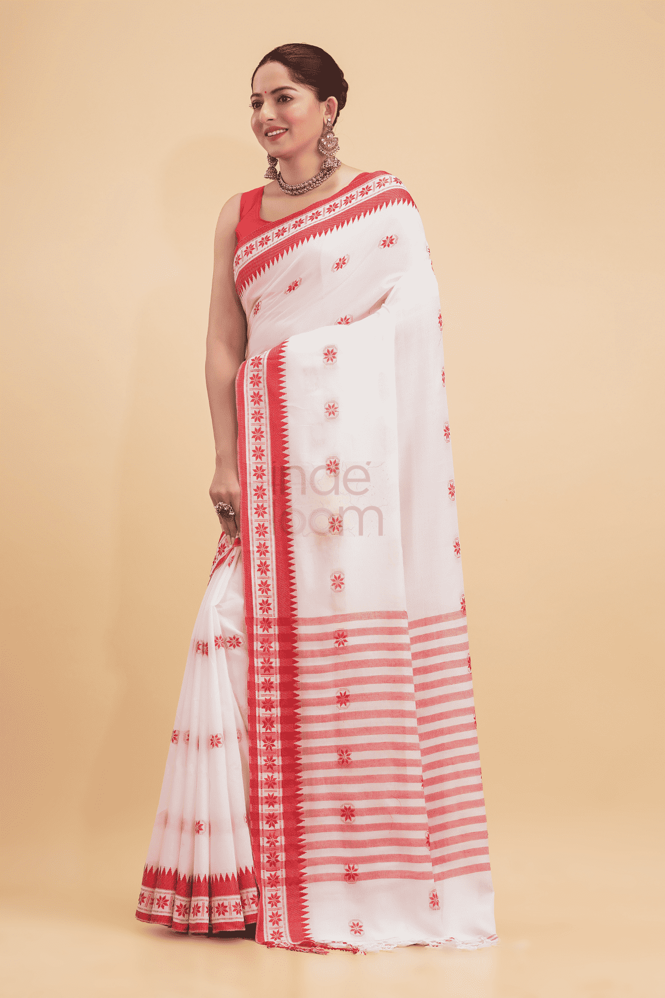 Durga Puja Saree Handloom Cotton Red Border- 015 - indeloom