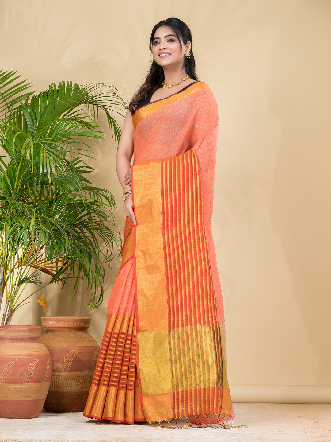 Cotton Linen Handloom Saree With Pale Orange - 014
