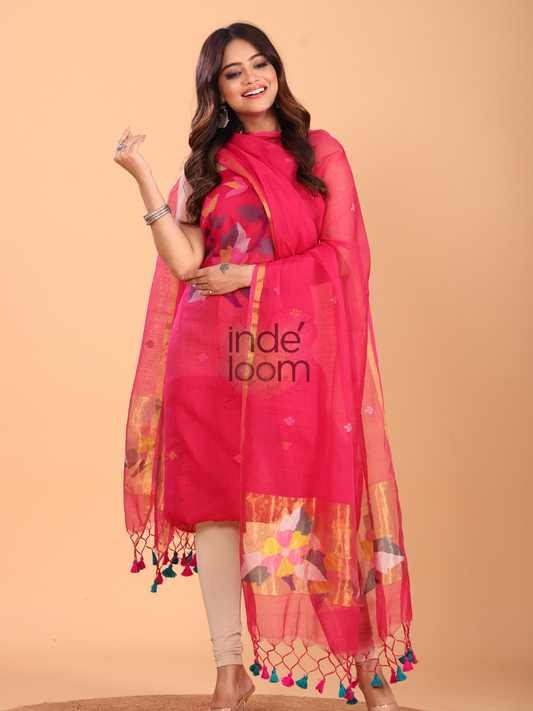 Deep Pink Silk Jamdani 2-Piece Set Kurti & Dupatta (UNSTITCHED) - 067