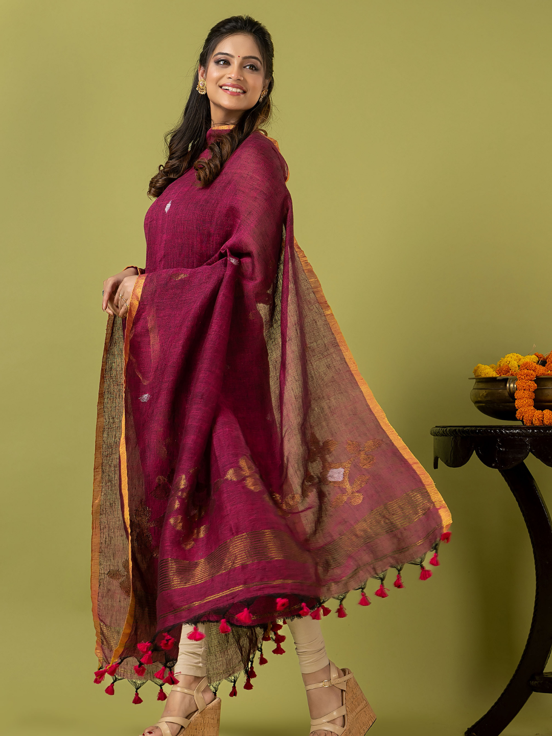 Handwoven Jamdani Linen Unstitched 2-piece Kurti | Raspberry Magenta