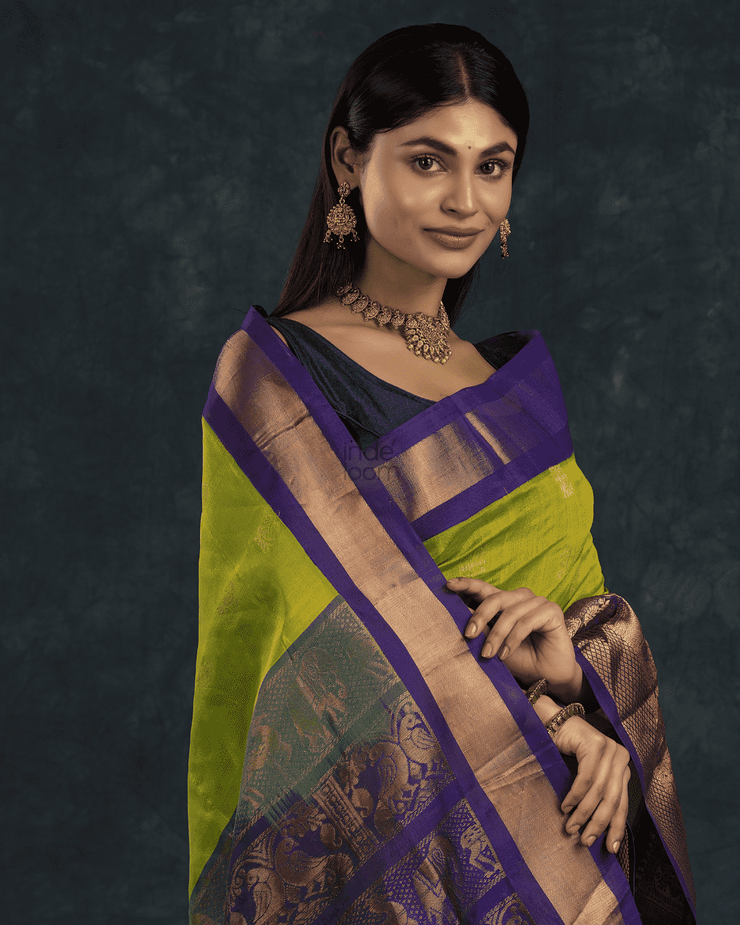 Pure Handloom Korvai Saree | Lime Green and Golden Blue
