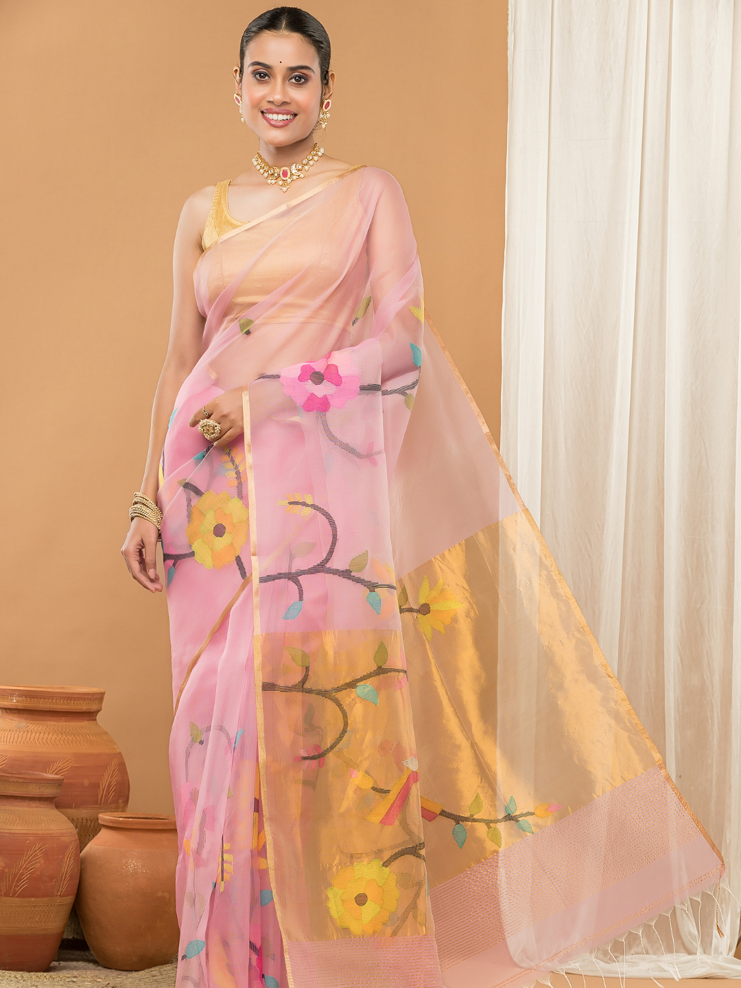 Tissue Muslin Jamdani Saree With Light Pink -007