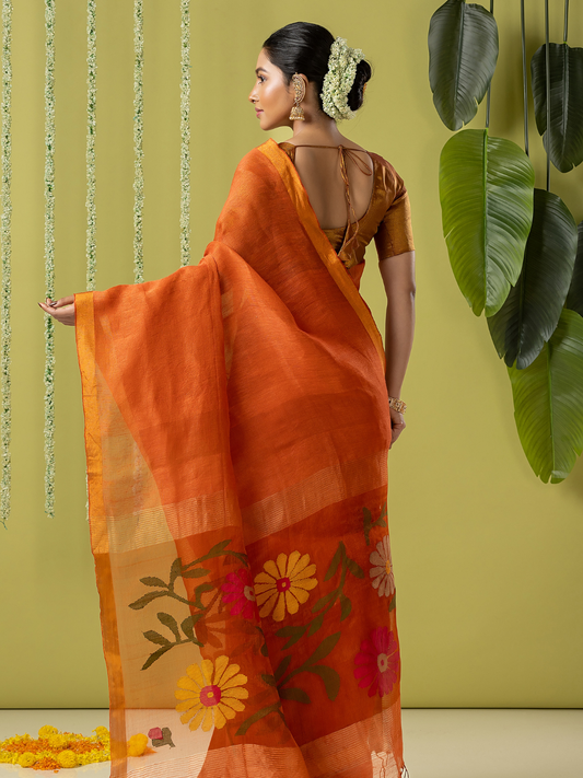 Handwoven Jamdani Linen Saree | Burnt Orange