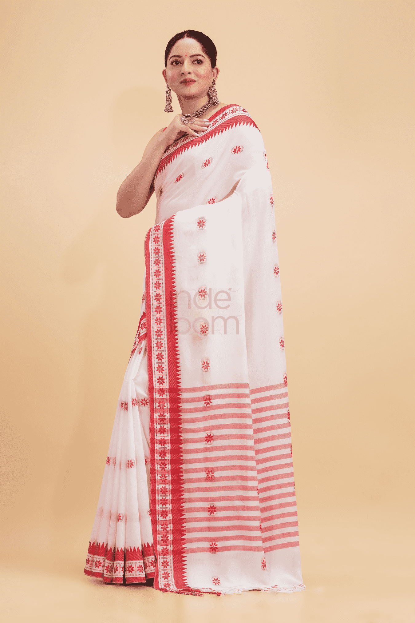 Durga Puja Saree Handloom Cotton Red Border- 015 - indeloom