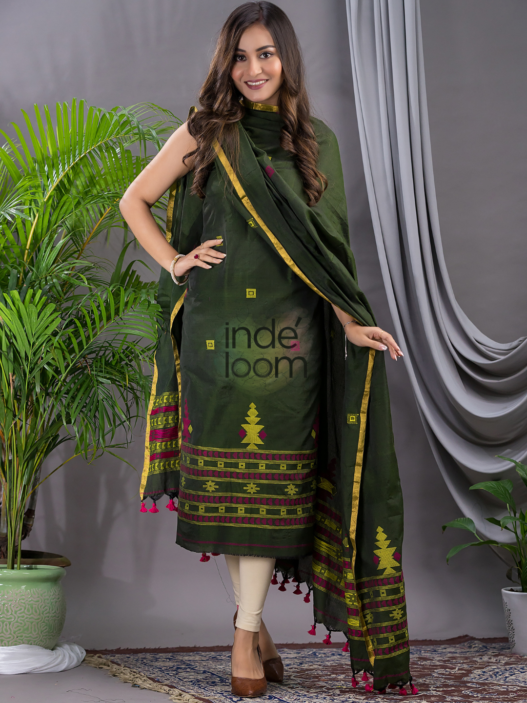 Forest Green Cotton Jamdani 2-Piece Set Kurti & Dupatta (UNSTITCHED) - 116