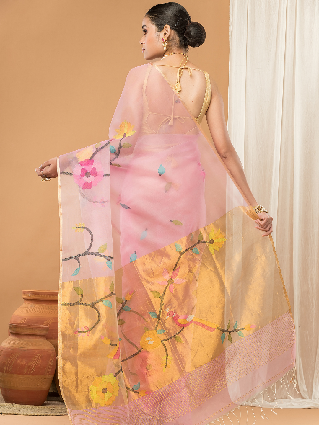 Tissue Muslin Jamdani Saree With Light Pink -007
