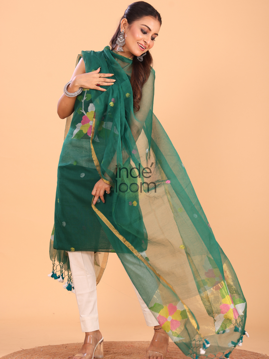 Lemon Green Muslin Jamdani 2-Piece Set Kurti & Dupatta (UNSTITCHED) - 090