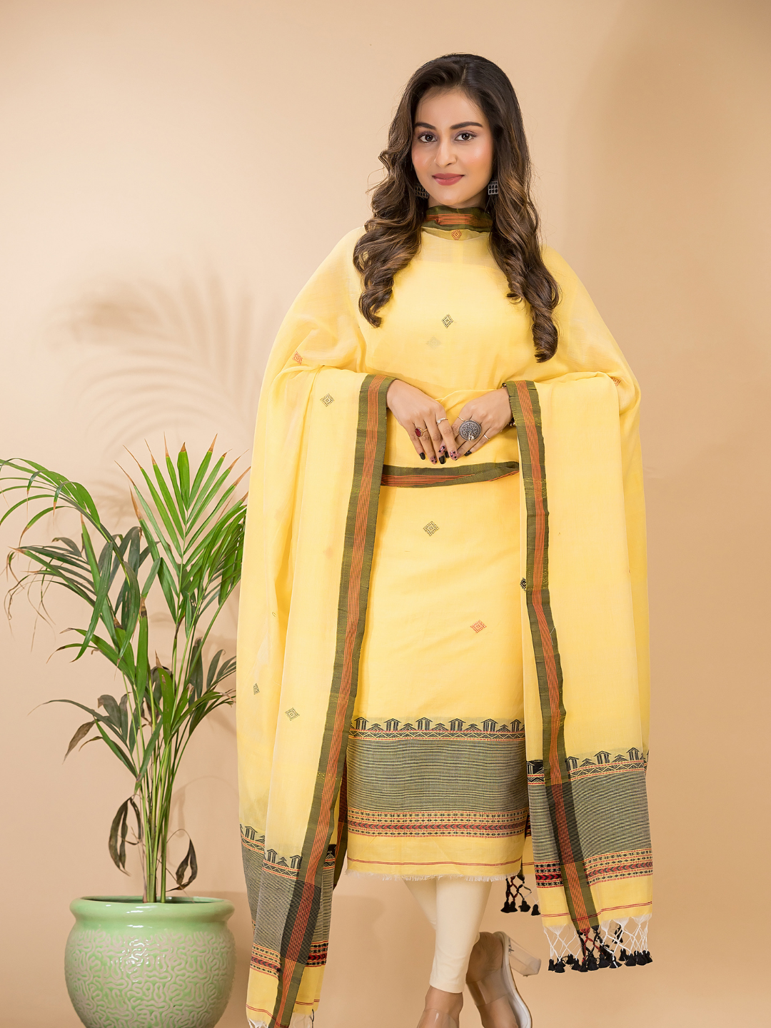 Lime Yellow Mercerized Cotton 2-Piece Set Kurti & Dupatta (UNSTITCHED) - 110