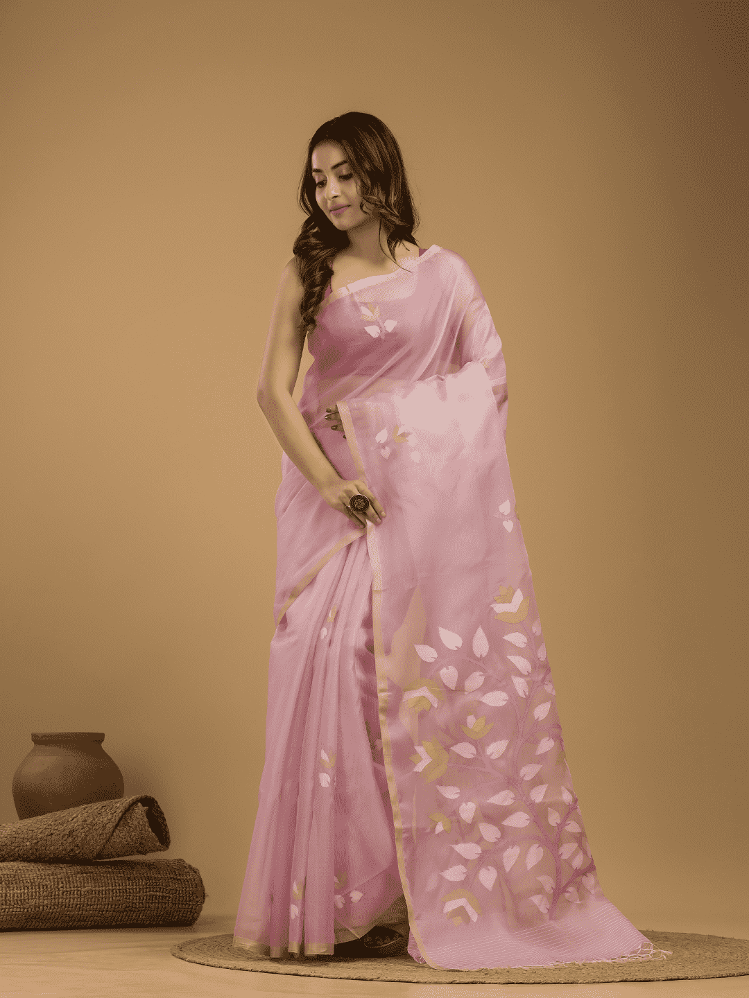 Jamdani Saree With Light Pink - 051 - indeloom