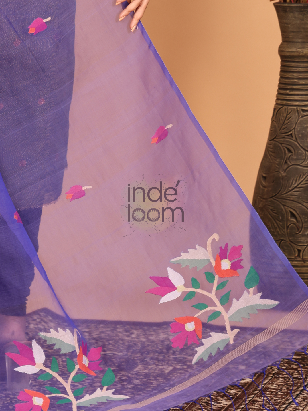Pure Handloom Muslin Jamdani Dupatta With Plum Purple - 026