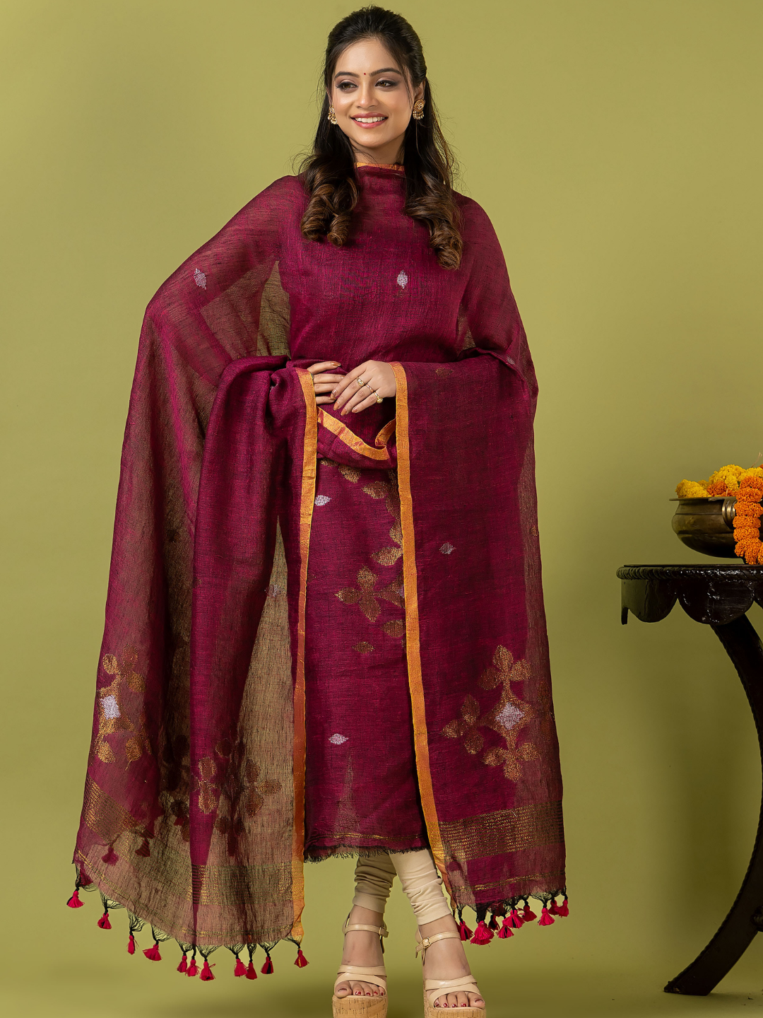 Handwoven Jamdani Linen Unstitched 2-piece Kurti | Raspberry Magenta