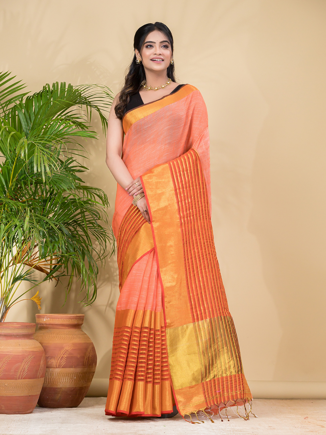 Cotton Linen Handloom Saree With Pale Orange - 014