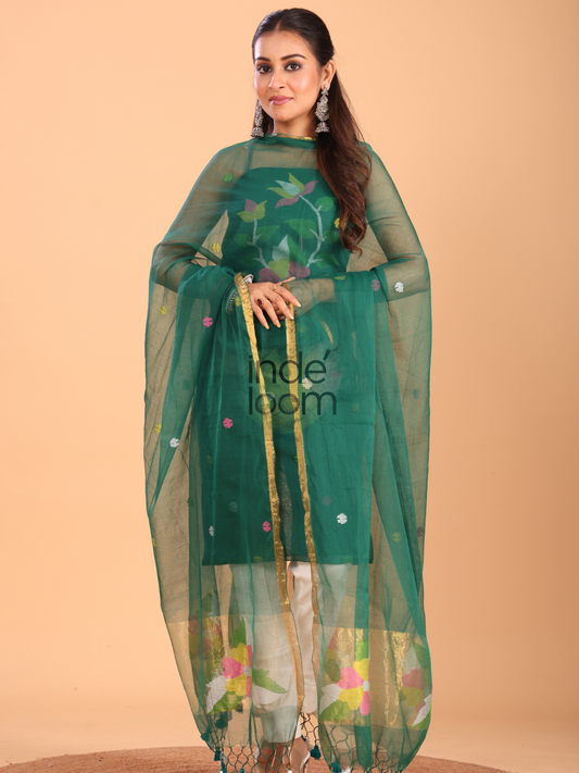 Handwoven Jamdani Muslin Unstitched 2-piece Kurti  |  Deep Teal