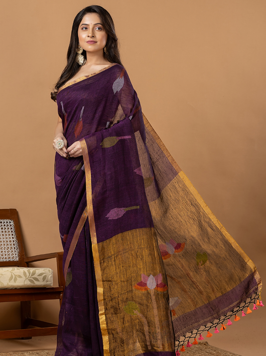 Handwoven Jamdani Linen Saree | Deep Purple