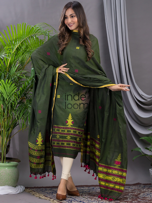 Forest Green Cotton Jamdani 2-Piece Set Kurti & Dupatta (UNSTITCHED) - 116