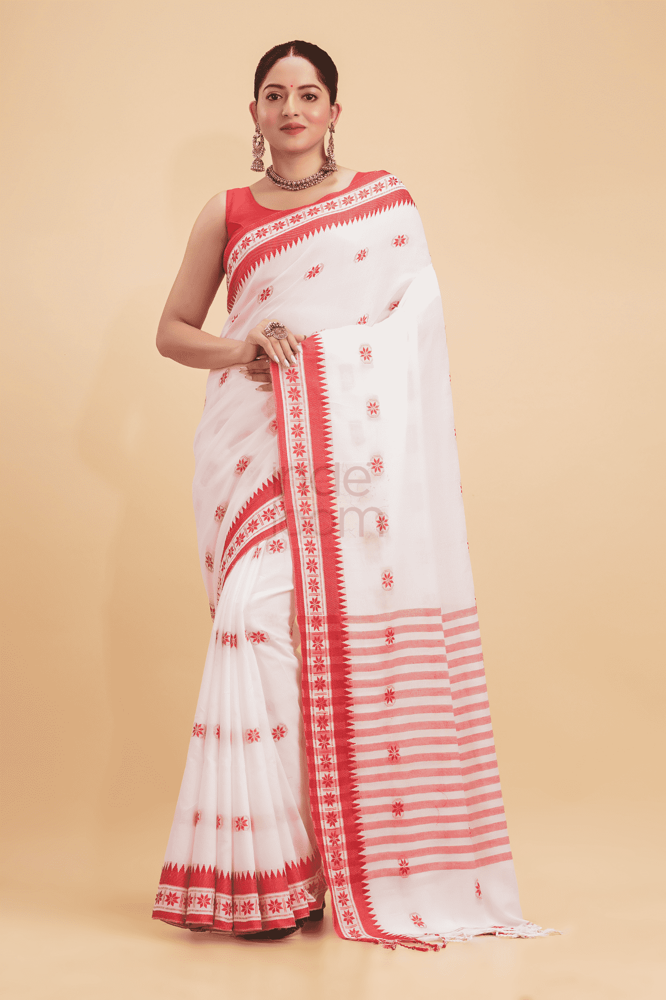 Durga Puja Saree Handloom Cotton Red Border- 015 - indeloom