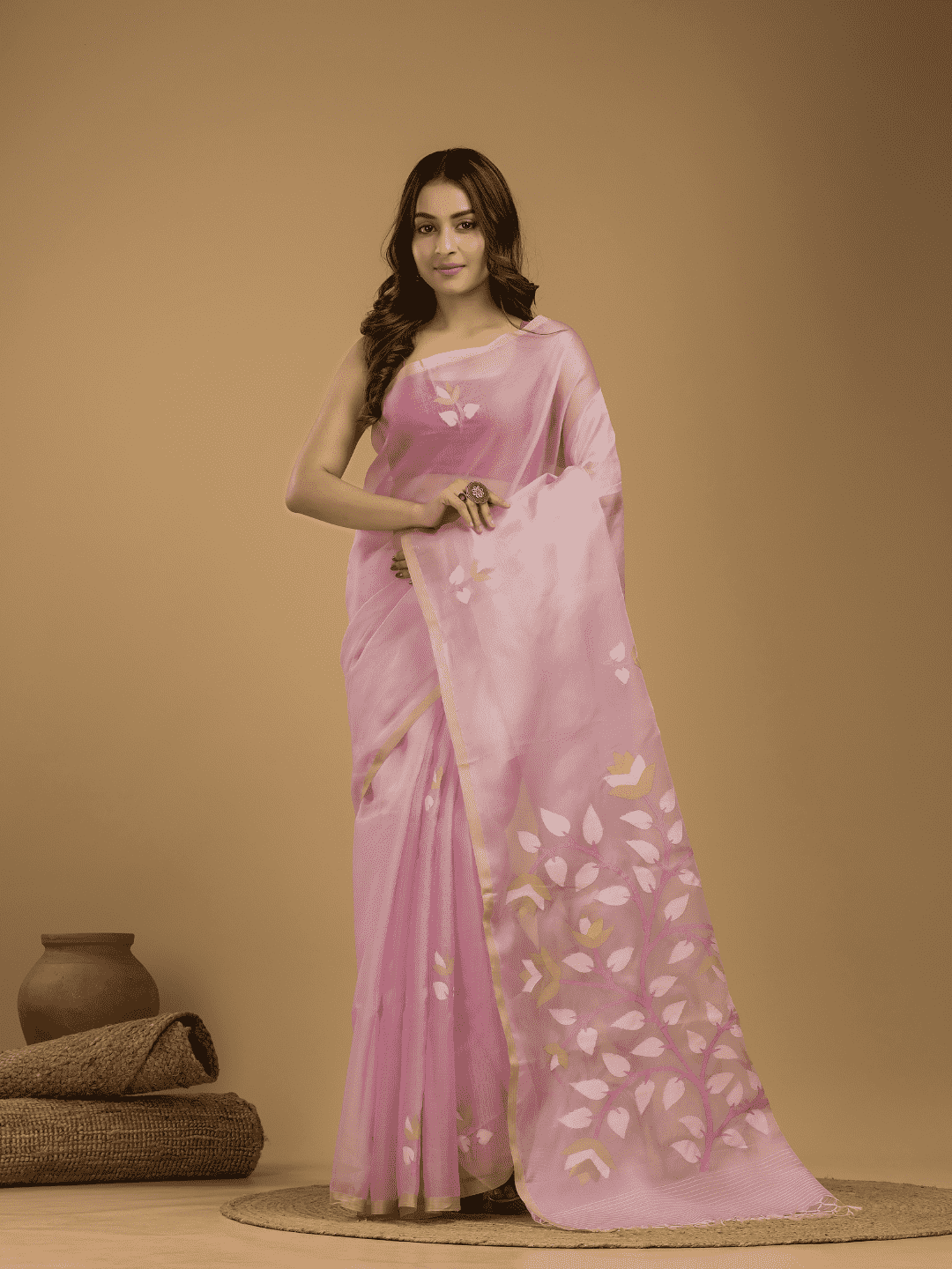 Jamdani Saree With Light Pink - 051 - indeloom