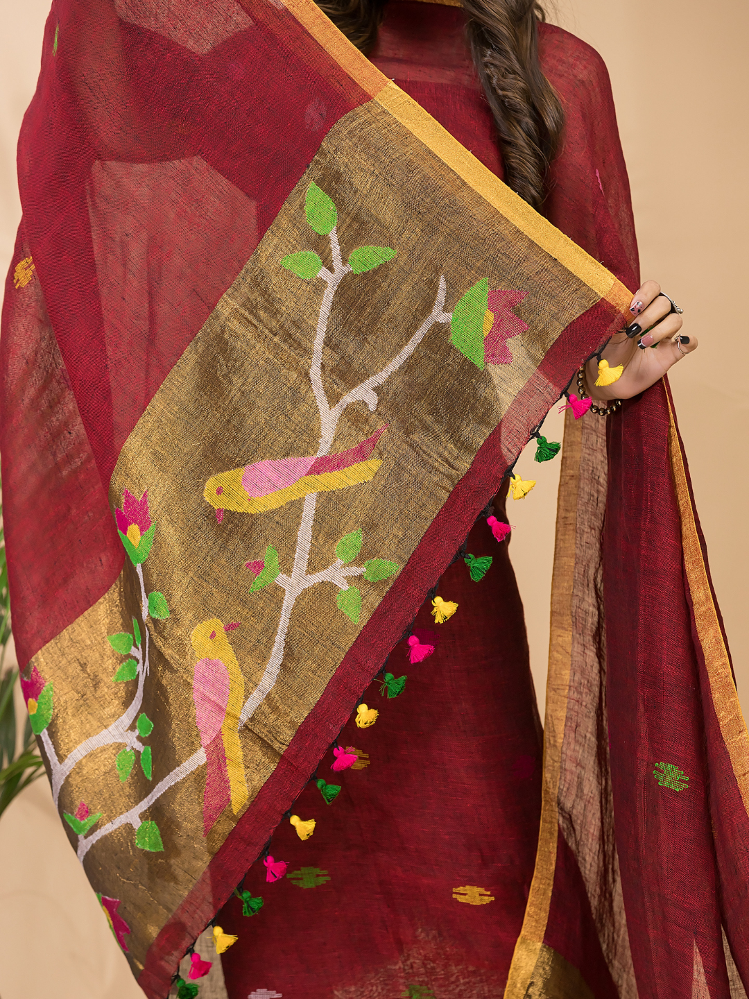 Claret | Handloom Jamdani Linen Unstitched 2-Piece Kurti | Paithani Design