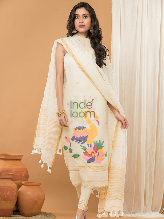 Handwoven Jamdani Linen Unstitched 2-piece Kurti  |  Warm Ivory
