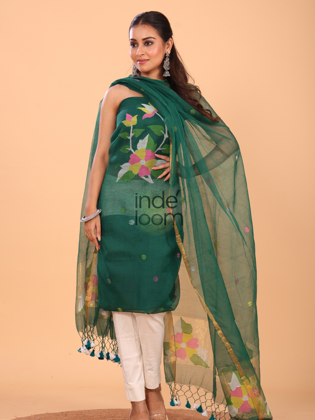 Lemon Green Muslin Jamdani 2-Piece Set Kurti & Dupatta (UNSTITCHED) - 090