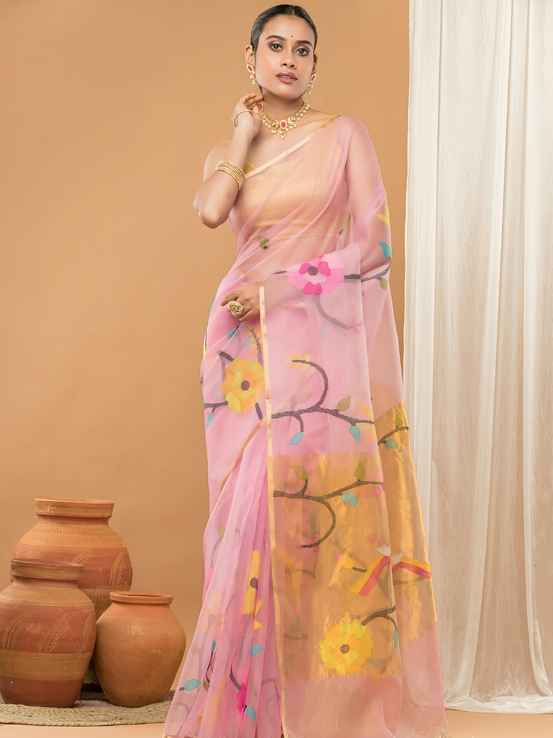 Tissue Muslin Jamdani Saree With Light Pink -007