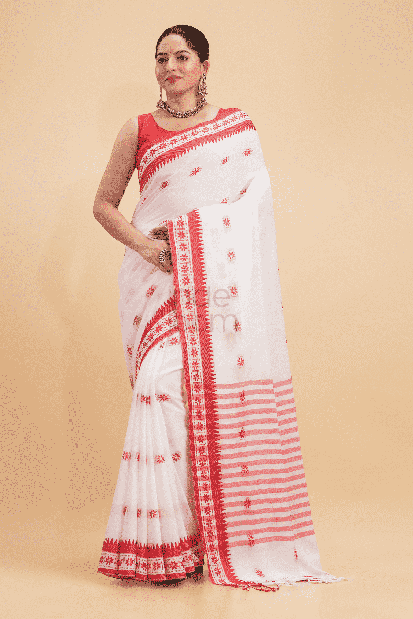 Durga Puja Saree Handloom Cotton Red Border- 015 - indeloom
