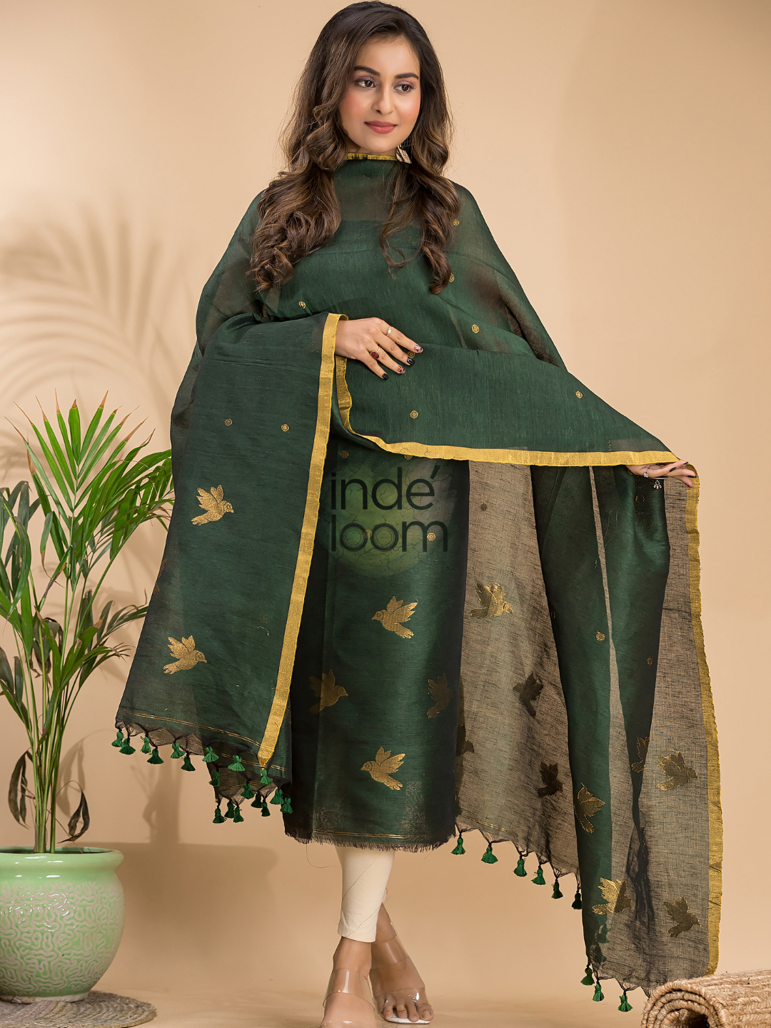 Dark Green Cotton Linen 2-Piece Set Kurti & Dupatta (UNSTITCHED) - 017