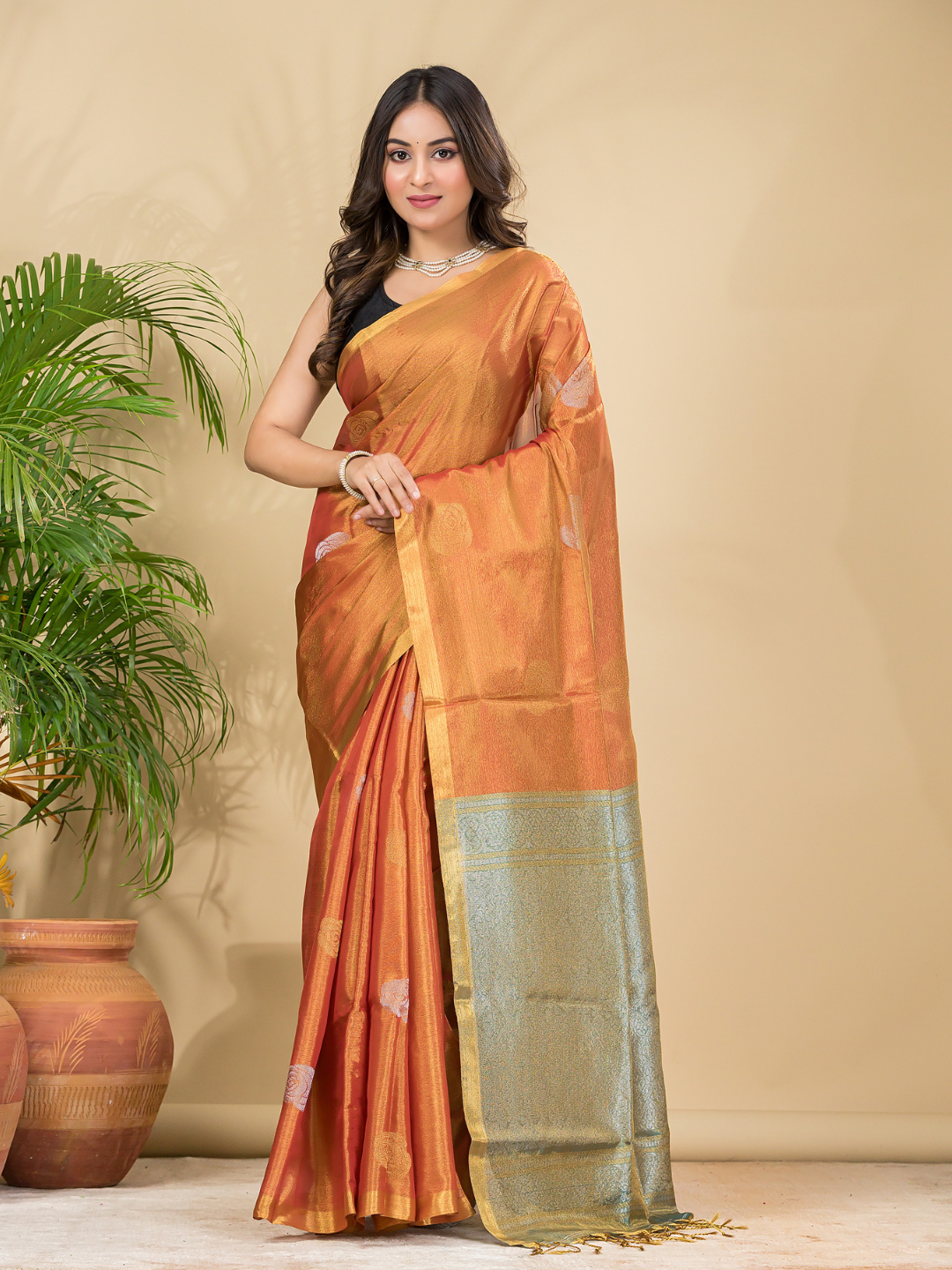 Tissue Silk Saree With Fire Orange - 031