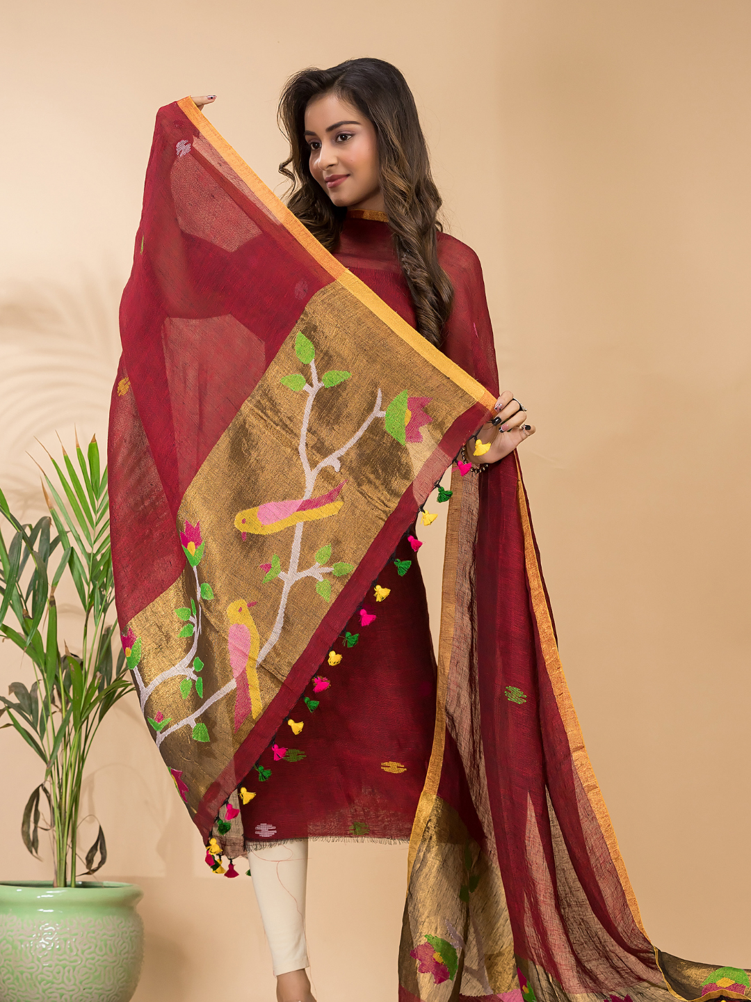 Claret | Handloom Jamdani Linen Unstitched 2-Piece Kurti | Paithani Design