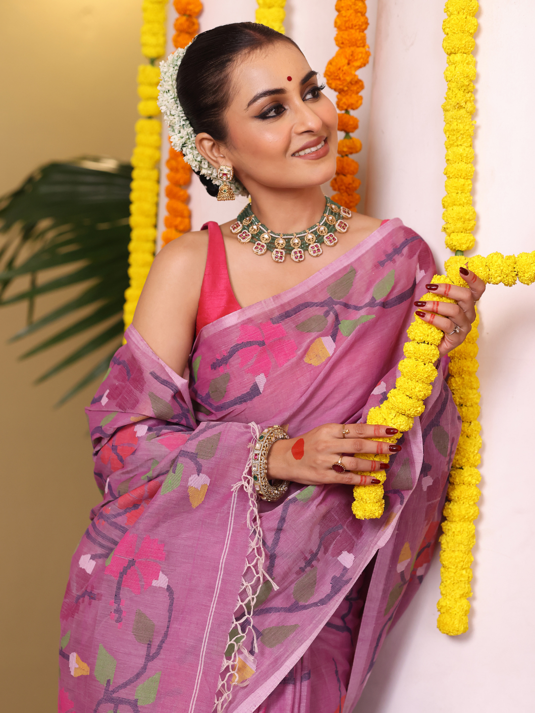 Handloom Jamdani Saree With Rose Pink - 112