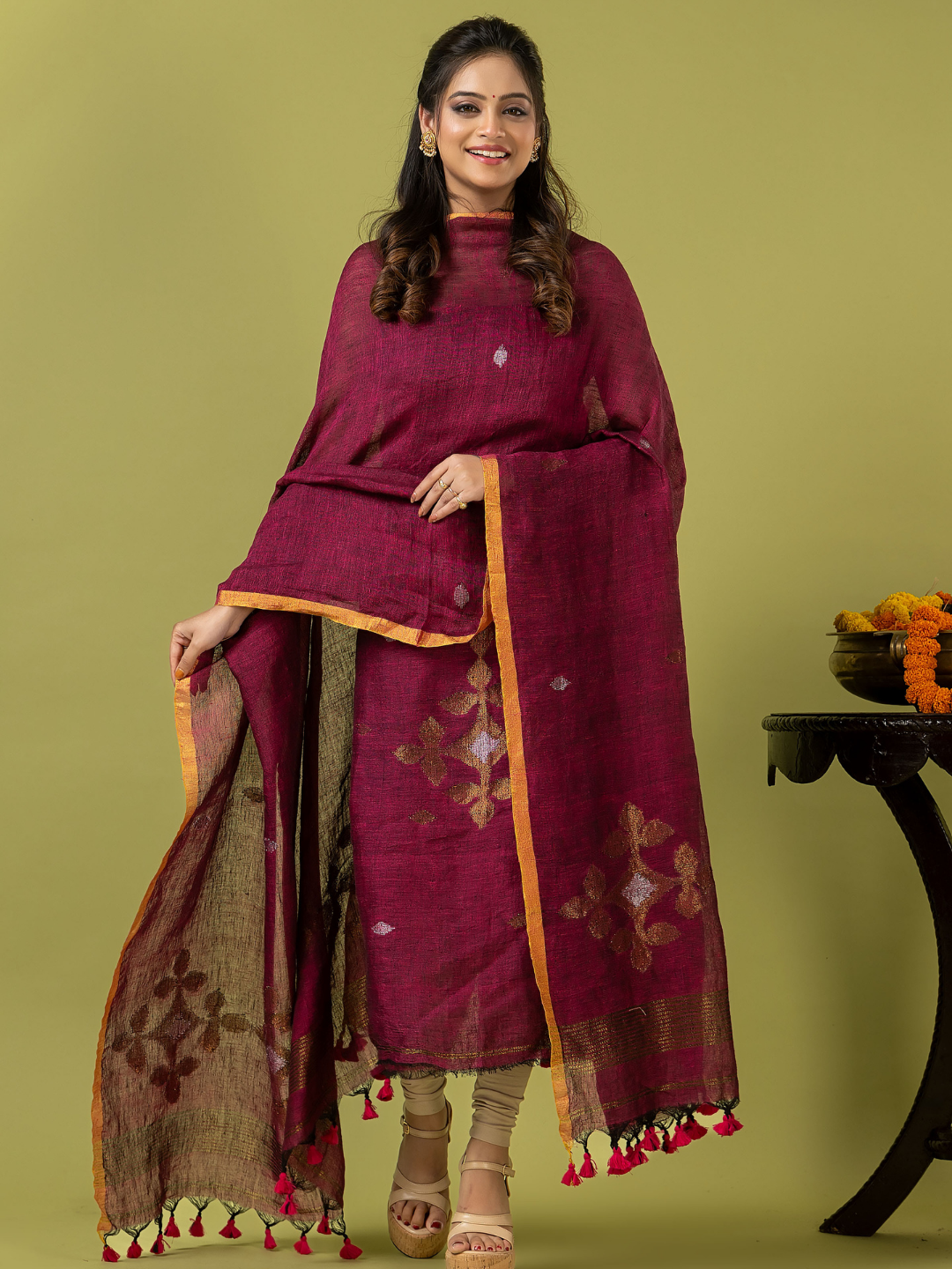 Handwoven Jamdani Linen Unstitched 2-piece Kurti | Raspberry Magenta