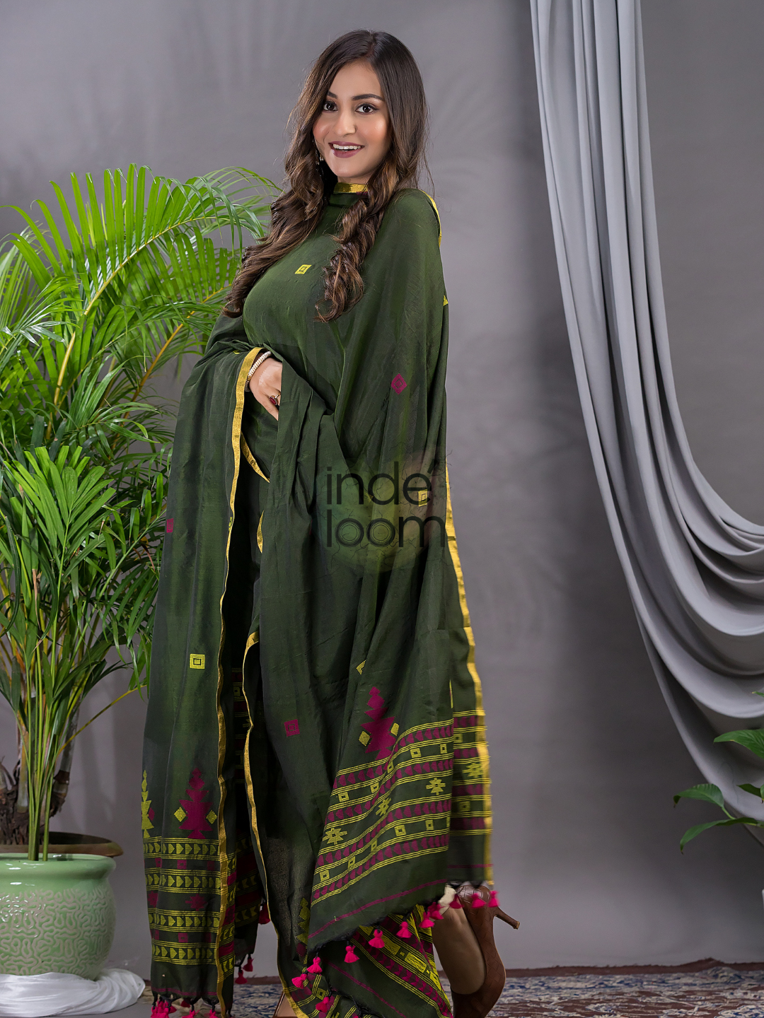 Forest Green Cotton Jamdani 2-Piece Set Kurti & Dupatta (UNSTITCHED) - 116
