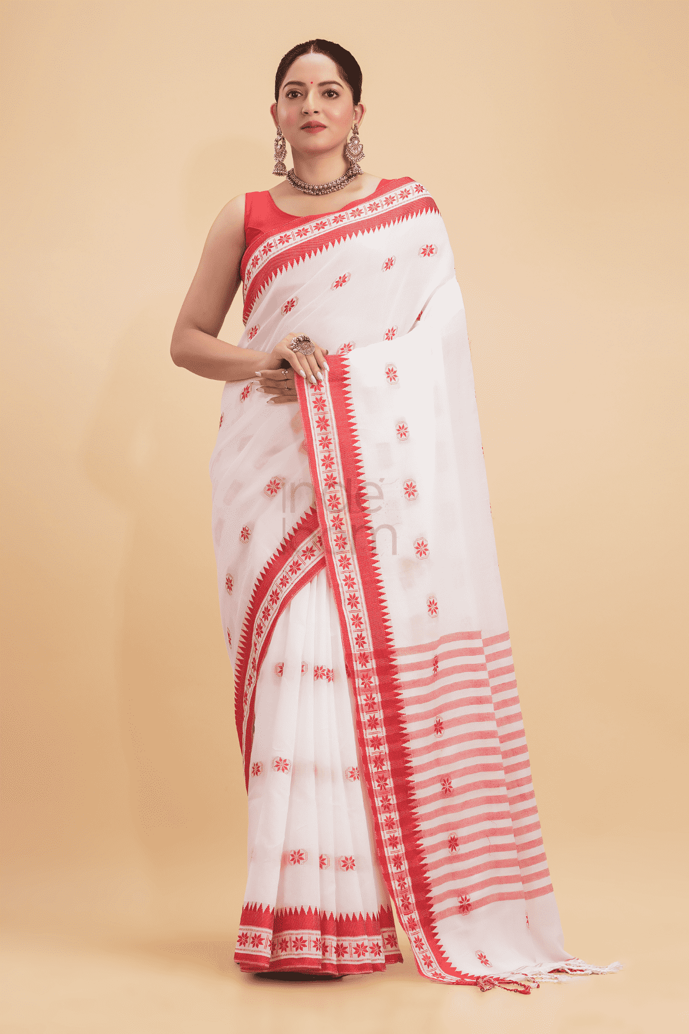 Durga Puja Saree Handloom Cotton Red Border- 015 - indeloom