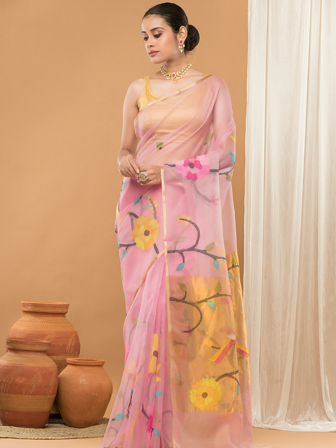 Tissue Muslin Jamdani Saree With Light Pink -007