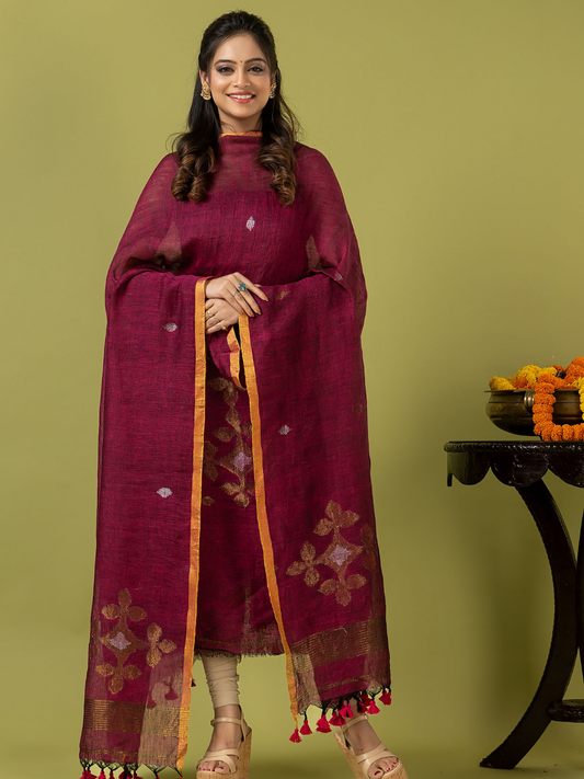 Handwoven Jamdani Linen Unstitched 2-piece Kurti | Raspberry Magenta