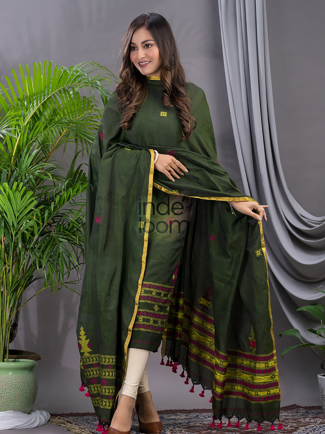 Forest Green Cotton Jamdani 2-Piece Set Kurti & Dupatta (UNSTITCHED) - 116