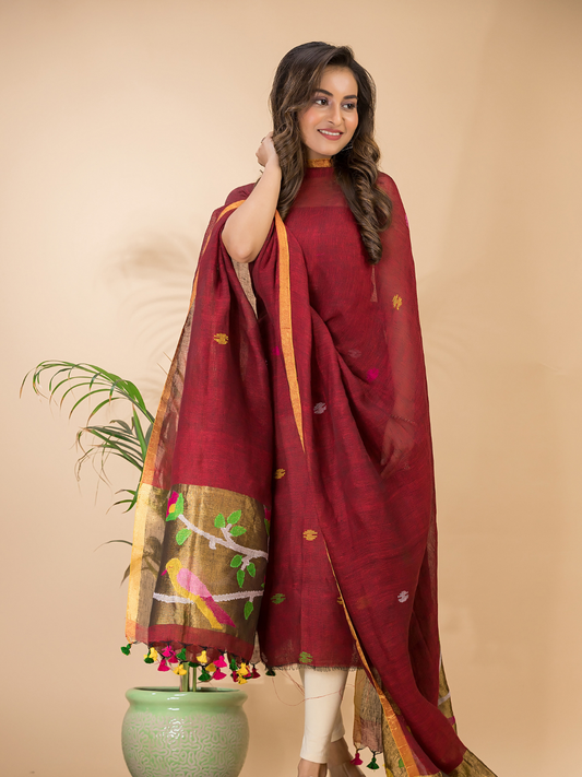 Handwoven Jamdani Linen Unstitched 2-piece Kurti  |  Burgundy Red