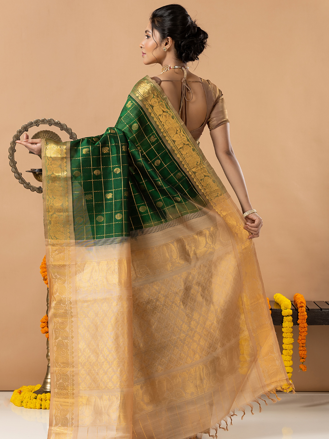 Handloom Korvai Silk Cotton Saree | Bottle Green