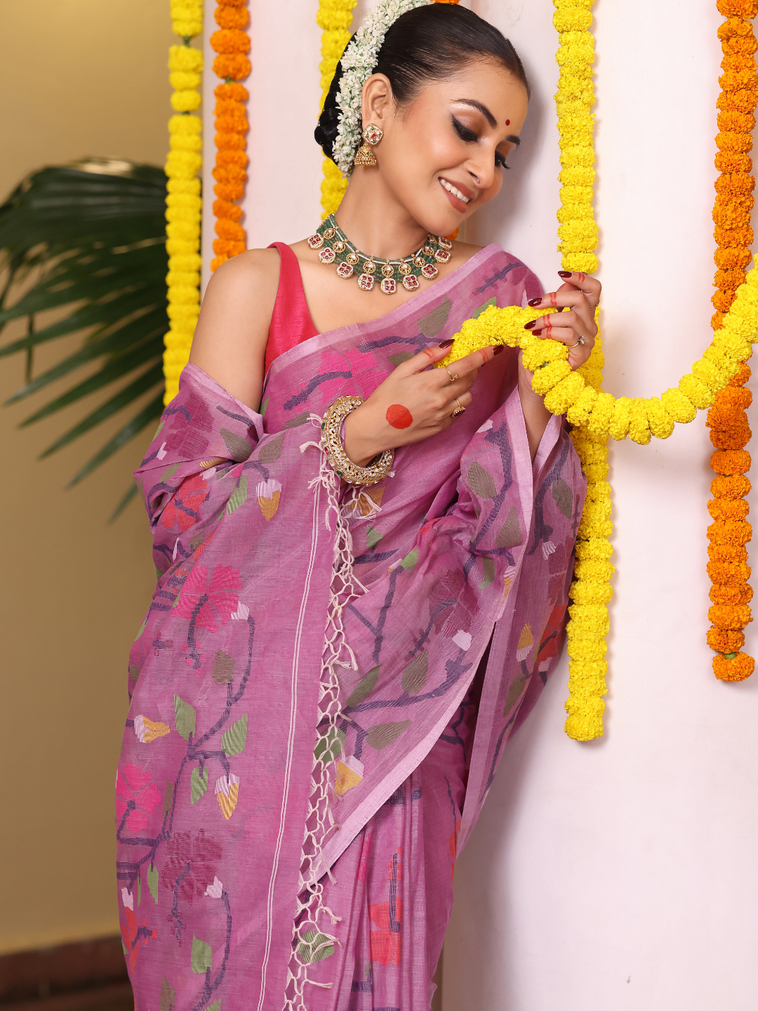 Handloom Jamdani Saree With Rose Pink - 112