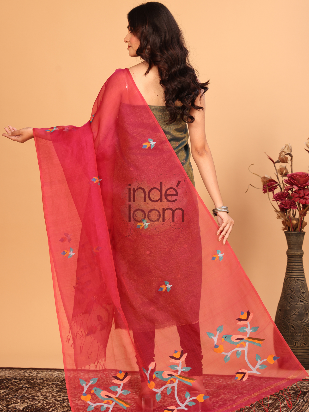 Pure Handloom Muslin Jamdani Dupatta With Classic Red - 027