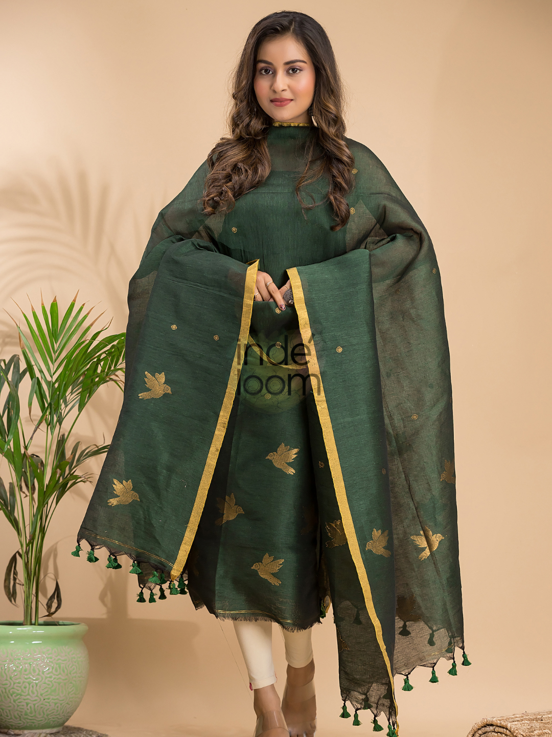 Dark Green Cotton Linen 2-Piece Set Kurti & Dupatta (UNSTITCHED) - 017