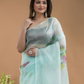 Light Green And Flowers  Organza Hand-painted Saree -076