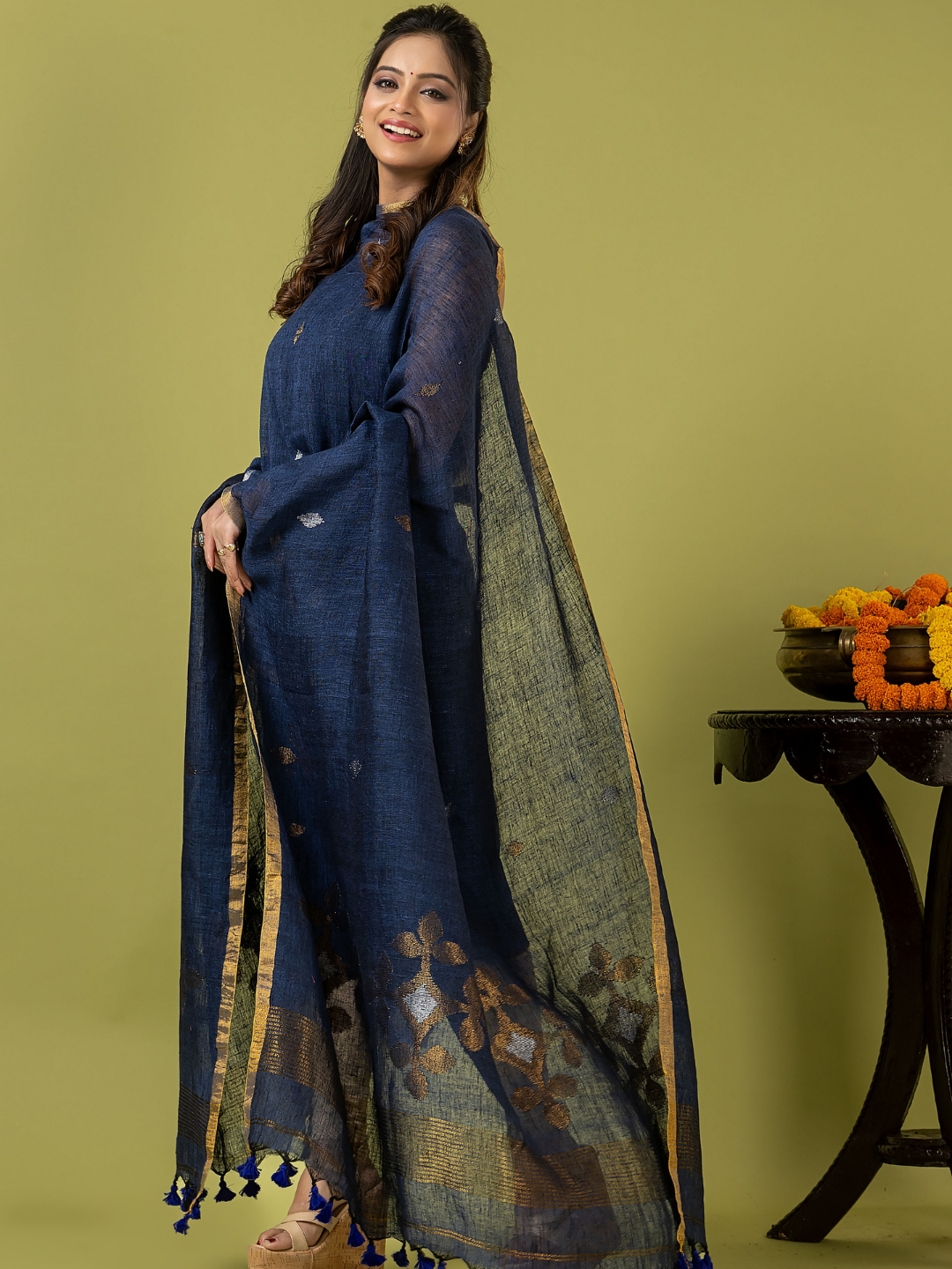 Handwoven Jamdani Linen Unstitched 2-piece Kurti | Navy Blue