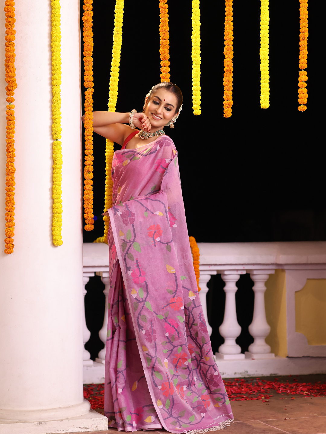 Handloom Jamdani Saree With Rose Pink - 112