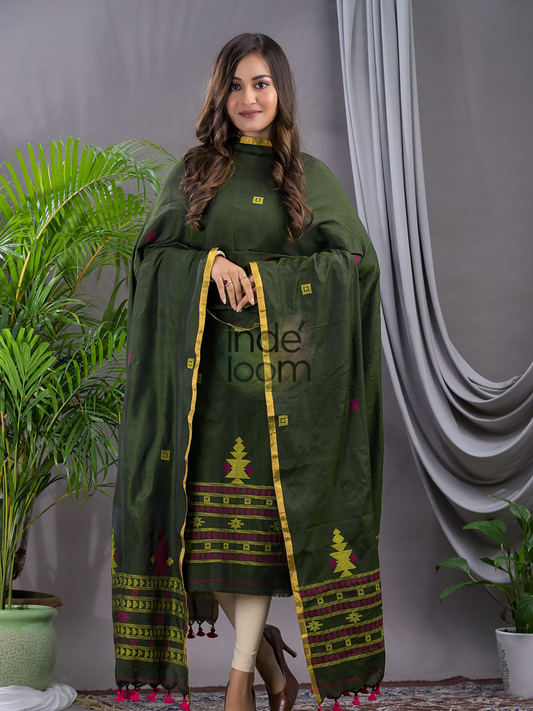 Forest Green Cotton Jamdani 2-Piece Set Kurti & Dupatta (UNSTITCHED) - 116